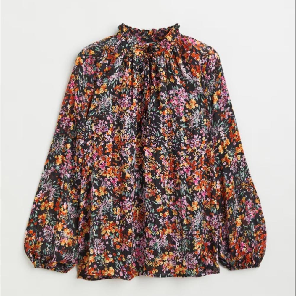 H&M Floral Blouse with Tie Detail Split - Black Floral - Medium